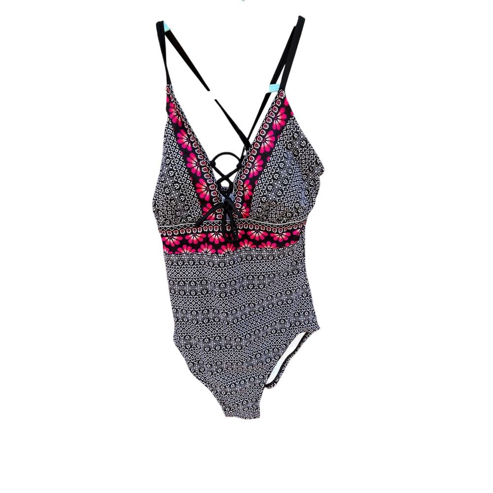 Kona Sol One Piece Swimsuit Lace Up Geometric Pink Floral Black White Small EUC